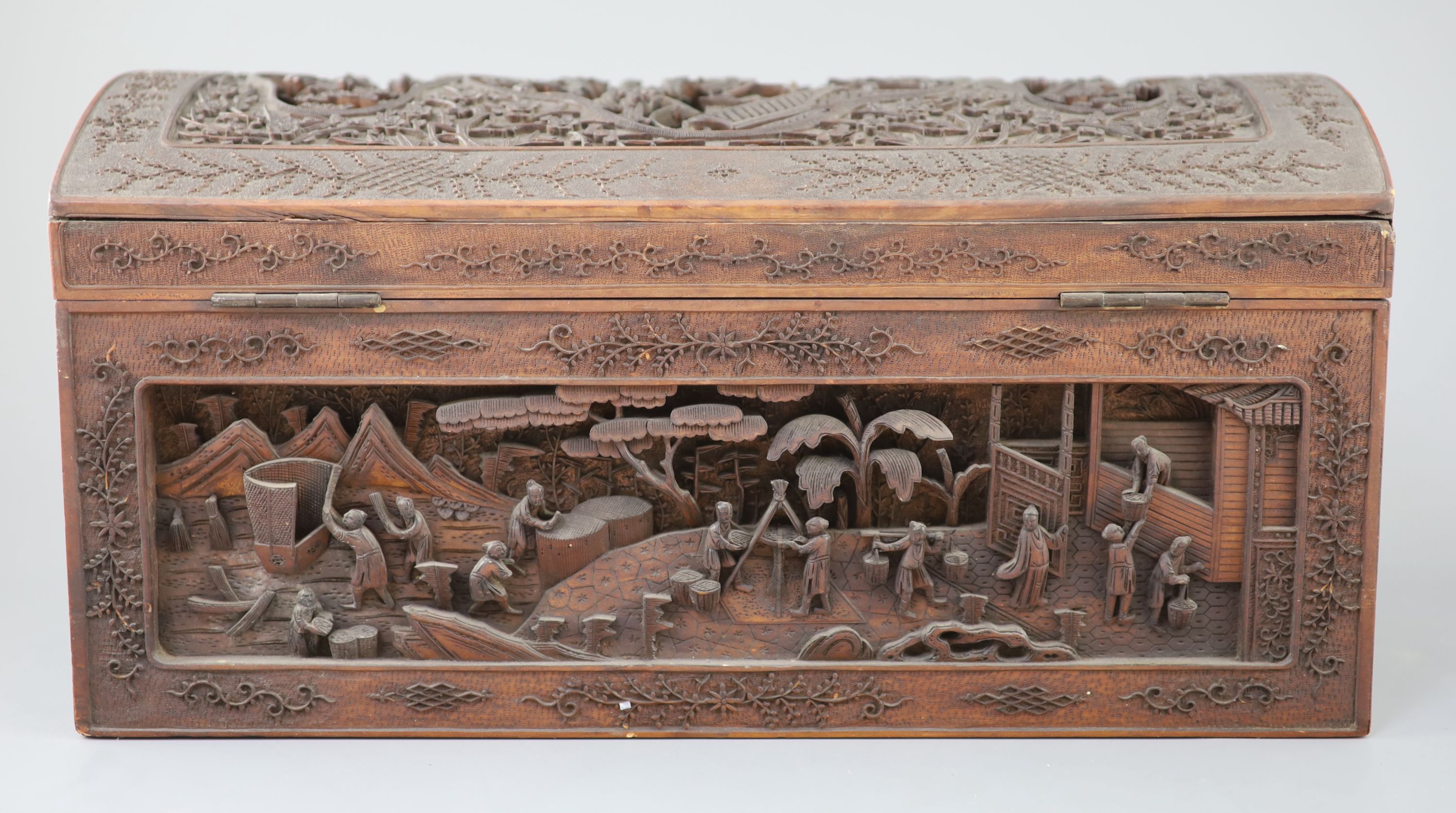 A large Chinese carved sandalwood box, 19th century, 40.5cm wide, Provenance - A. T. Arber-Cooke